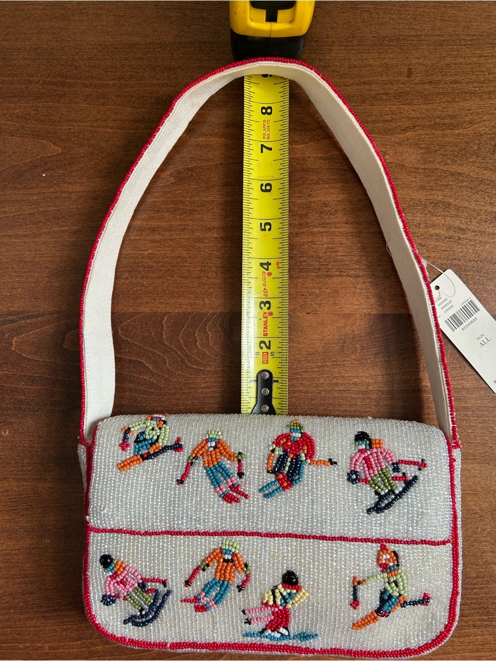 NWT Anthropologie First Edition Fiona White Beaded Ski Motif Bag with Red Trim. - Picture 13 of 13